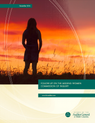 Cover of Follow-up on the Missing Women Commission of Inquiry report with image of a woman silhouette at sunset. 