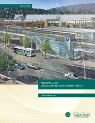 Cover of Evergreen Line Rapid Transit Project Progress Audit report with image of a rapid transit terminal. 