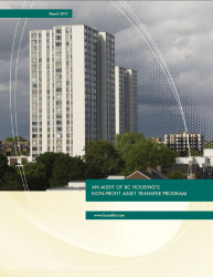 Cover of BC Housing's Non-Profit Asset Transfer Program Audit report with image of apartment high-rise building. 