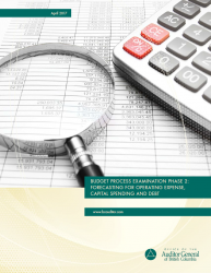 Cover of Budget Process Examination Phase 2 report with image of a report with a magnifier glass and calculator on top of it.