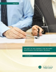 Cover of Contract for the Family Maintenance Enforcement Program Audit report with image of two office workers reviewing a report.