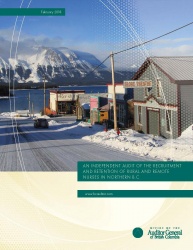 Cover of Recruitment and Retention of Rural Nurses in Northern B.C report with image of northern town in mountainous area.