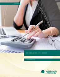 Cover of Service Plan 2018/19 - 2020/21 report with an image of a worker at a desk using a calculator.