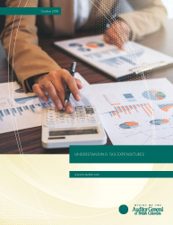 Cover of Understanding Tax Expenditures report with image of worker at desk reviewing papers with charts and graphs.