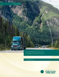 Cover of Independent Audit of Commercial Vehicle Safety report with image of transport truck along a mountain road.