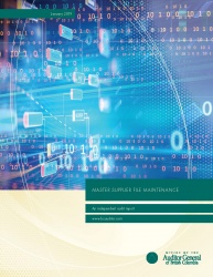 Cover of Master Supplier File Maintenance report with image of computer code on blue background.