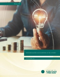 Cover of Rate-regulated Accounting at BC Hydro report with image of stacks of coins and a hand holding a lightbulb.