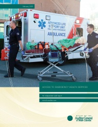 Cover of Access to Emergency Health Services report with image of emergency heath care workers and ambulance.