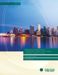 Cover of Cybersecurity Threats on BC Hydro’s Industrial Control Systems report with image of Vancouver skyline.