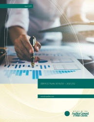 Cover of Service Plan 2019/20 - 2021/22 report with image of a hand holding a pen pointing at graphs and charts.