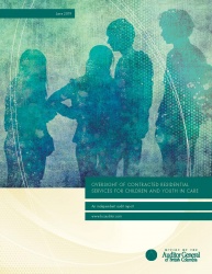 Cover of Oversight of Contracted Residential Services for Children and Youth in Care report with image of silhouettes of youths. 