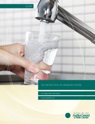 Cover of The Protection of Drinking Water report with image of a glass of drinking water from a water faucet.