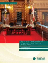 Cover of Expense Policies and Practices in the Offices of the Speaker, Clerk and Sergeant-at-Arms report with image of the inside of the provincial legislature.