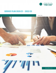 Cover of Service Plan 2020/21 – 2022/23 report with image of documents being reviewed.