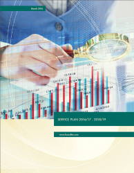 Cover of Service Plan 2016 - 2018 report with images of a worker viewing graphs and charts through a magnifying glass. 