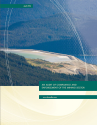 Cover of Compliance and Enforcement of the Mining Sector Audit report with image of a mine site in a mountain valley from the air.