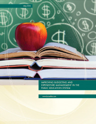 Cover of Budgeting and Expenditure Management in Public Education report with image of open books with an apple on top with dollars signs on a background chalkboard.