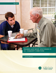 Cover of Effectiveness of B.C. Community Corrections Progress Audit  report with image of two men discussing a report at a table.