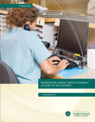 Cover of Workstation Support Services Contract Audit report with image of an office worker on the phone and at a laptop.