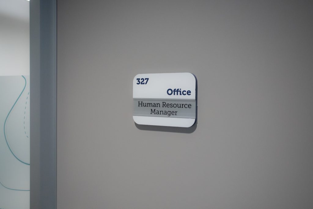 Tactile sign on the office door of the Human Resources Manager